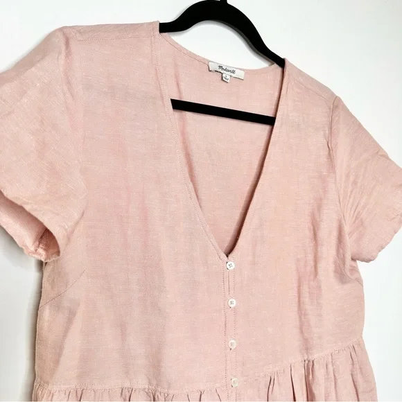 Madewell V-Neck Button Front Linen Blend Minidress in Warm Thistle Pink - Picture 4 of 10